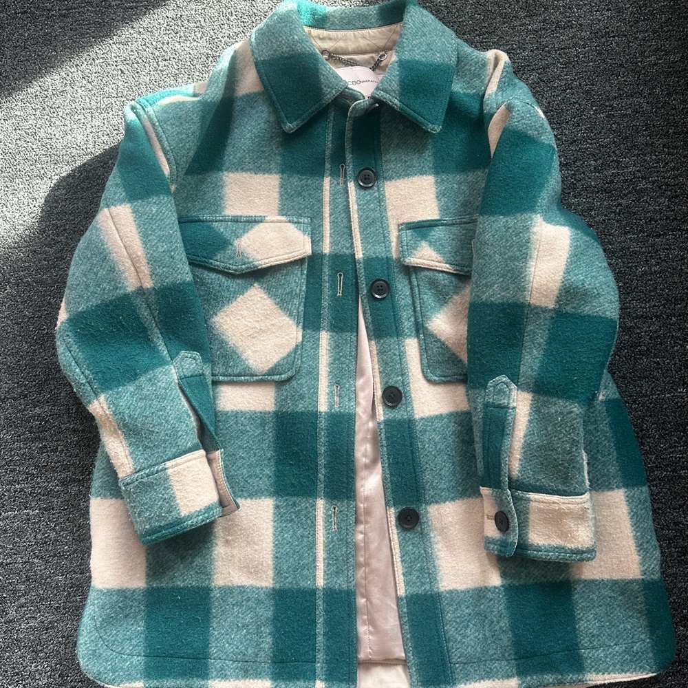 BCBGeneration woman plead green and Cream Pea Coat